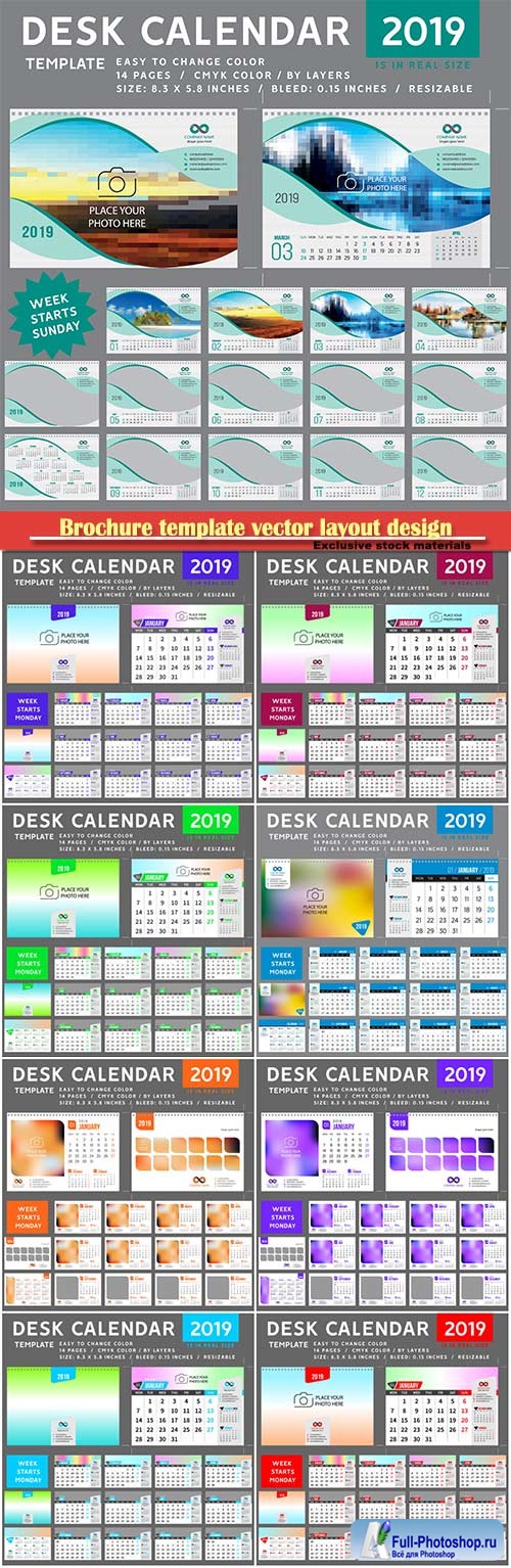Desk Calendar 2019 vector template, 12 months included # 6