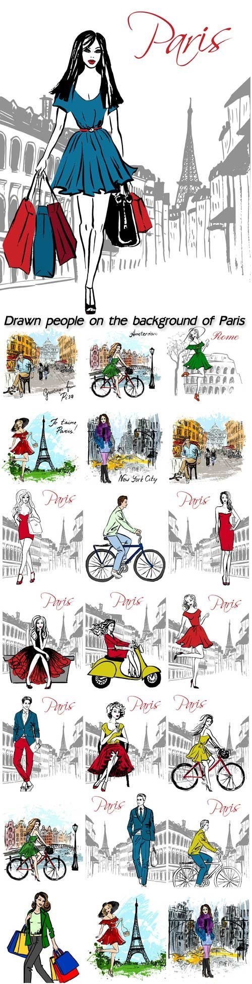 Drawn people on the background of Paris