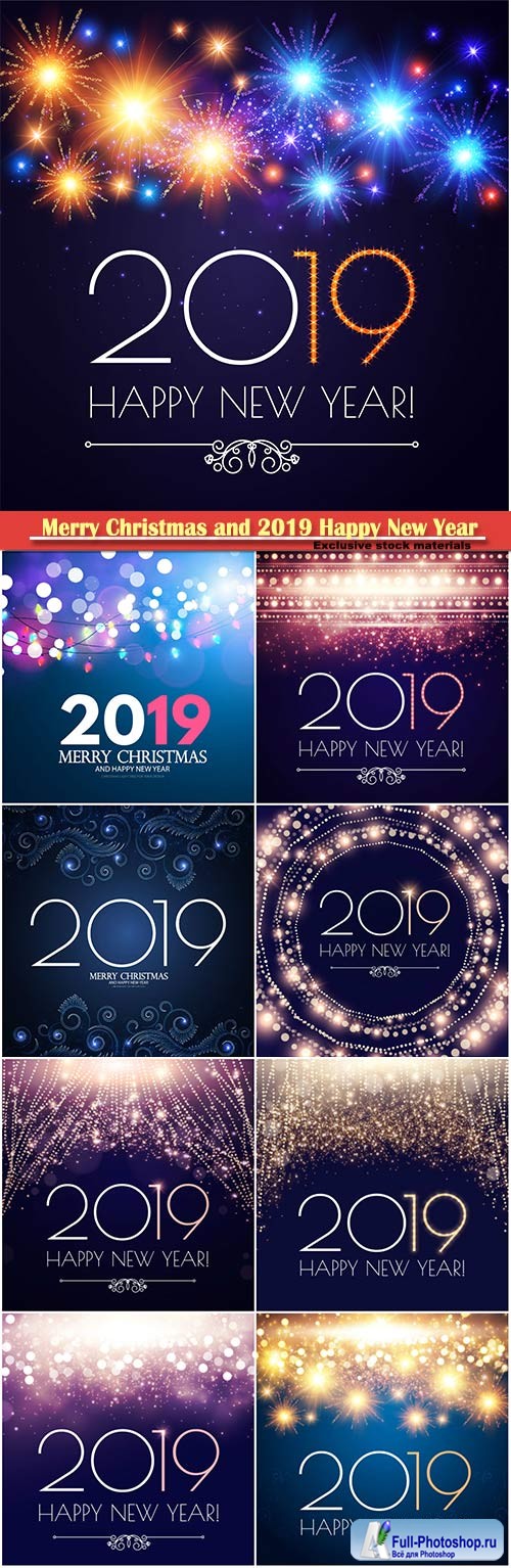 Happy Hew 2019 Year vector card with fileworks, lights and bokeh effect