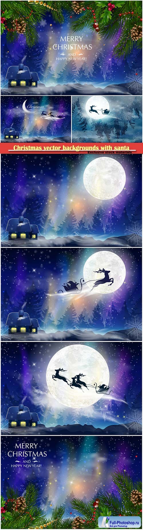 Christmas vector backgrounds with santa and deer flying through the sky