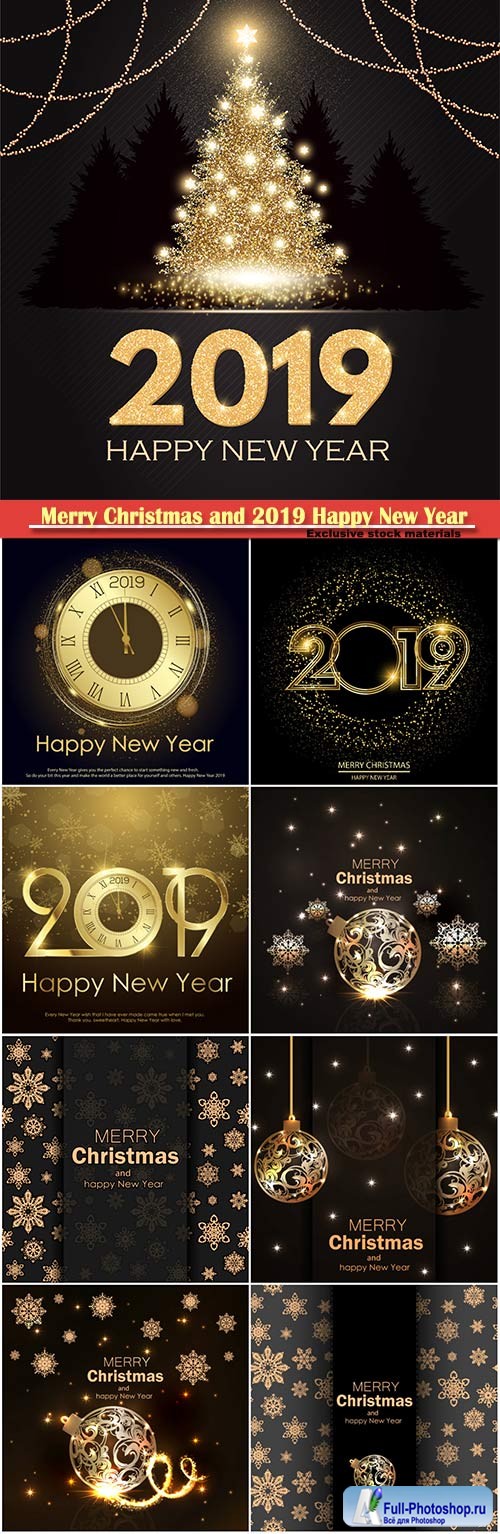 Happy New 2019 Year vector elegant card with gold shining christmas tree