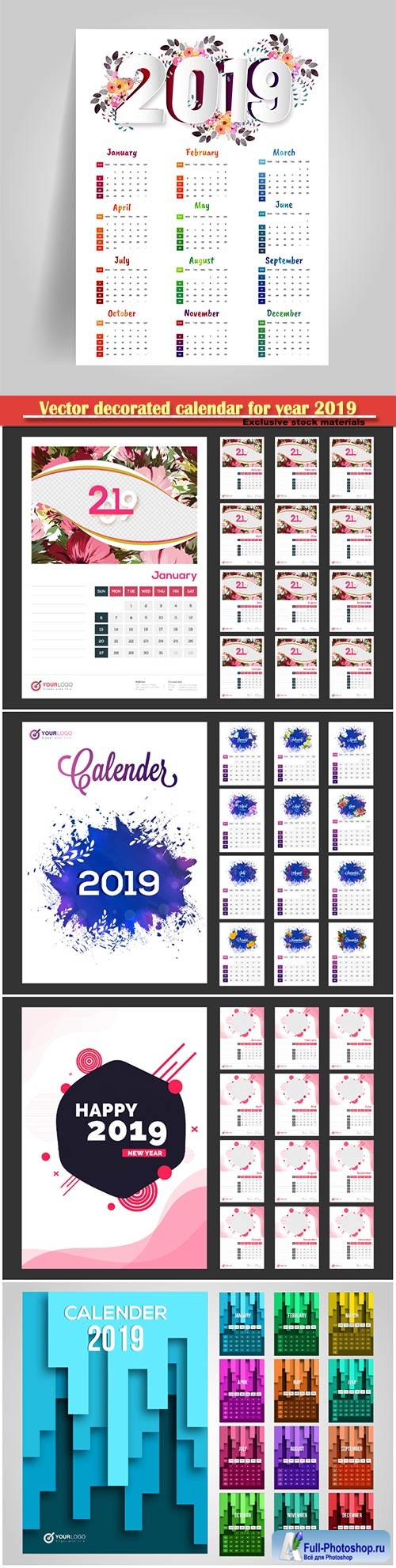 Vector decorated calendar for year 2019