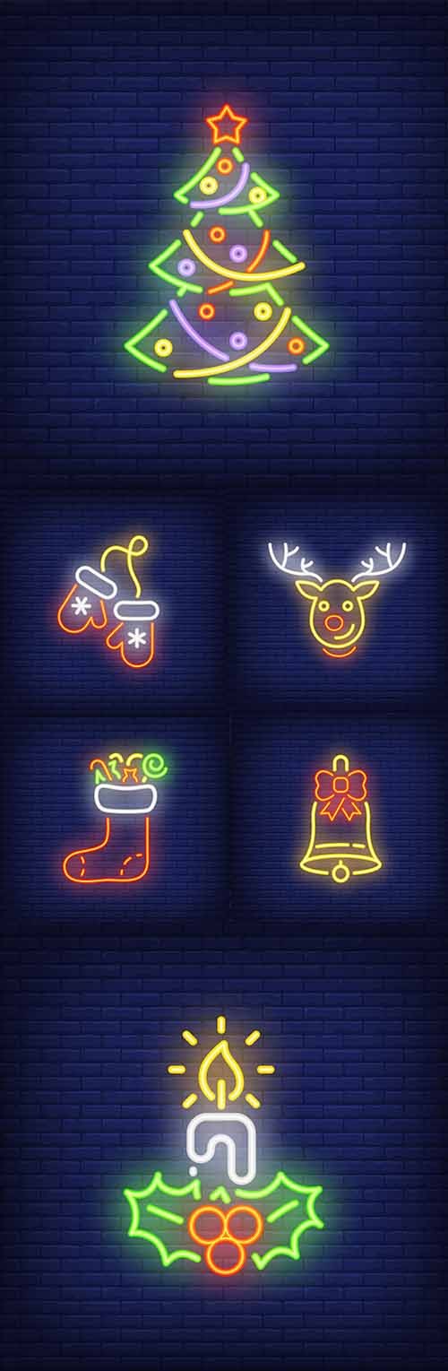 Bright neon shining Christmas signs and elements