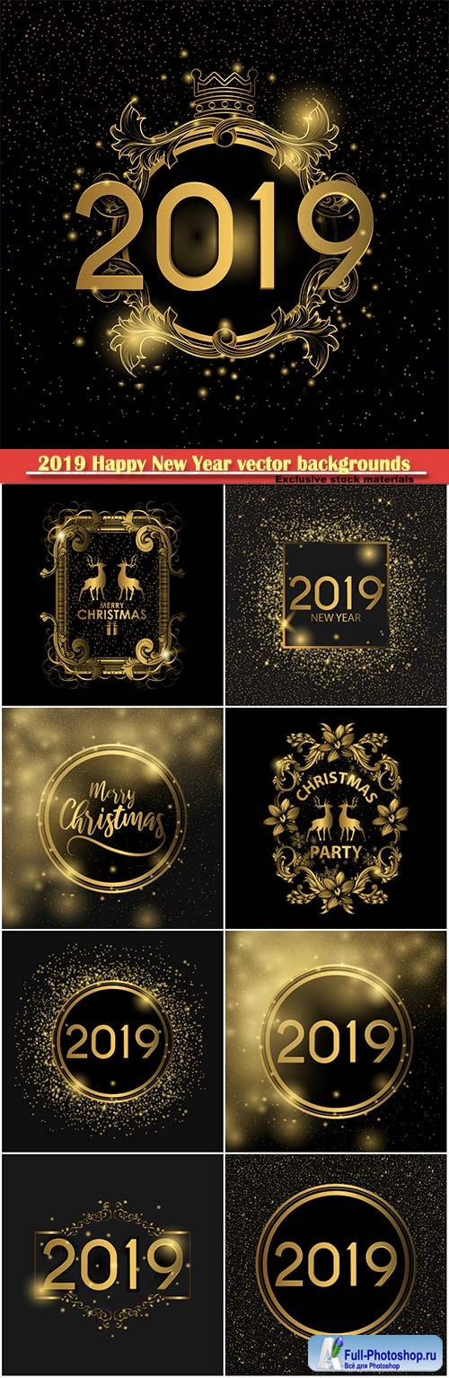 2019 Happy New Year vector backgrounds with gold decor
