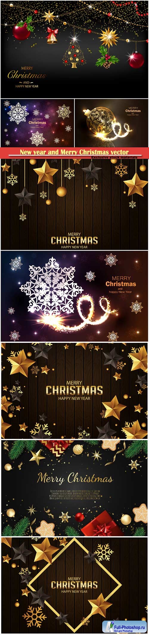 Vector Christmas decorate cards, tree branches, gold stars, christmas balls