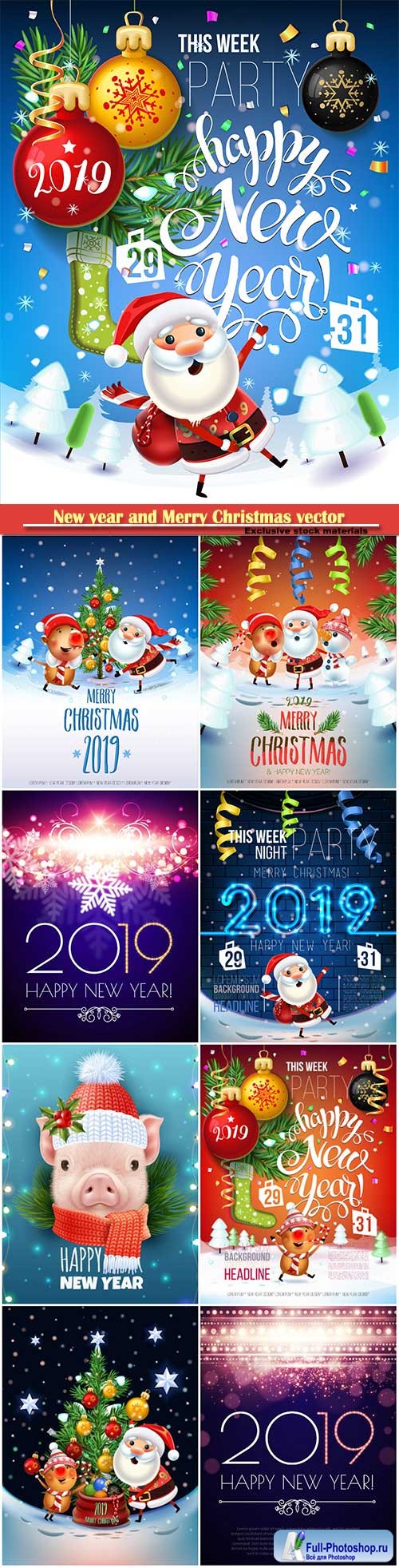 2019 New year and Merry Christmas poster card, Santa Claus, pig decorate the Christmas tree