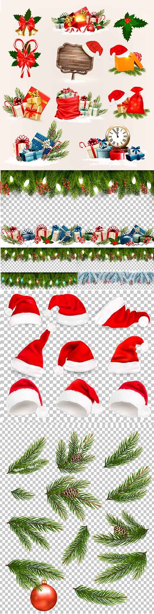 Vector set of Christmas icons and objects, boards with branches of tree