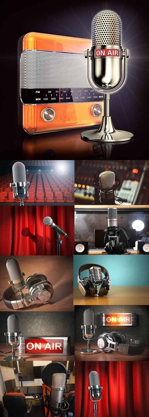 Microphone and earphones radio studio professional equipment