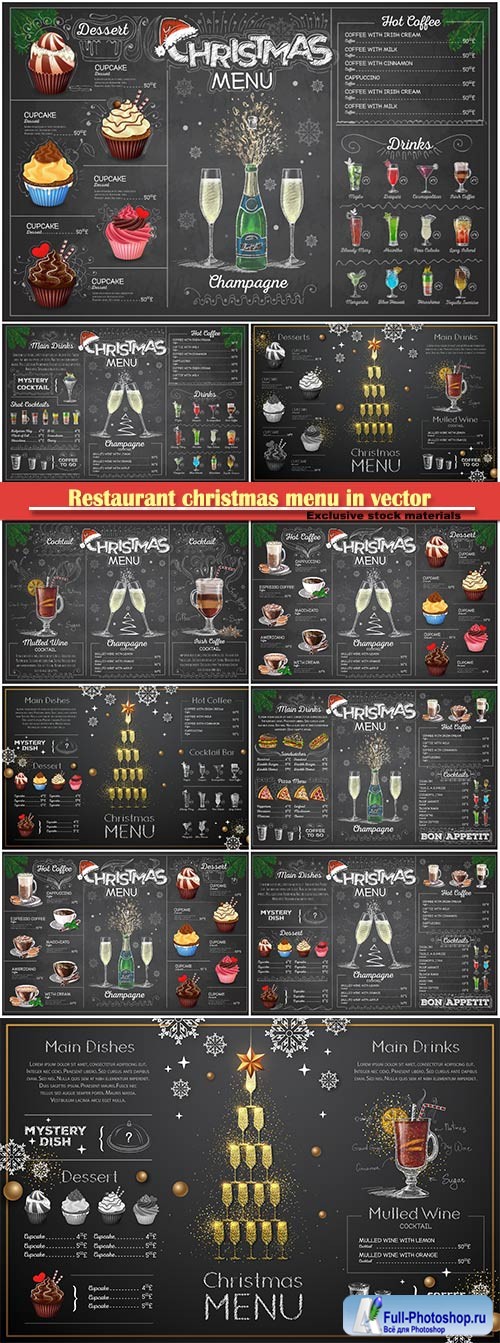 Restaurant christmas menu in vector, vintage chalk drawing  menu design with champagne