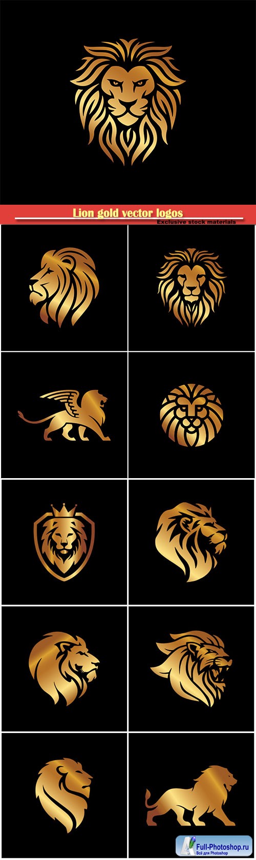 Lion gold vector logos on black background