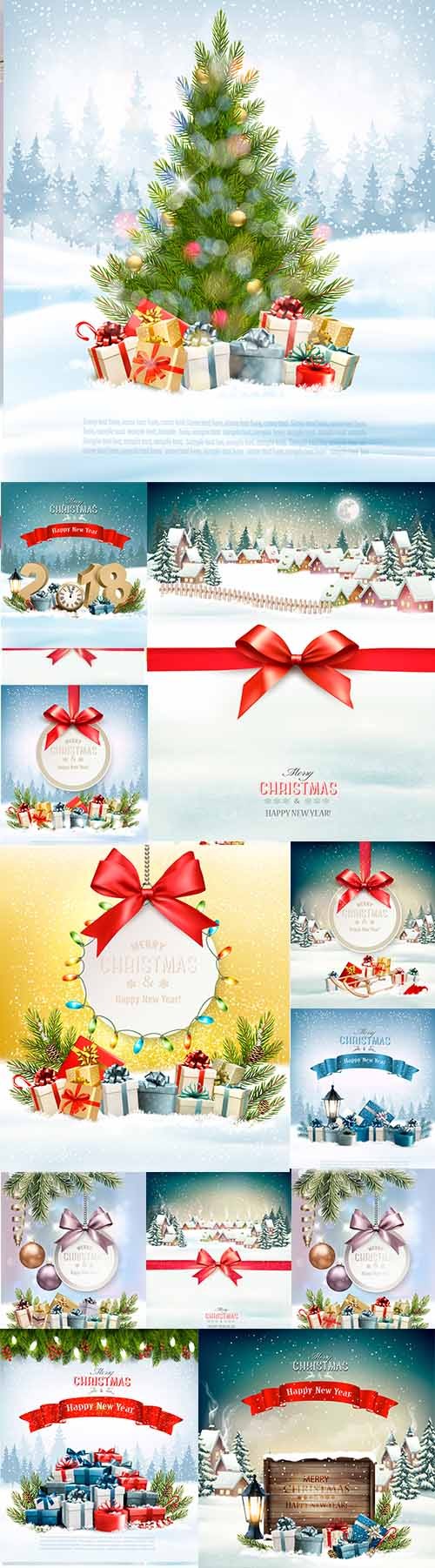Merry Christmas vector background with branches of tree and colorful gift boxes