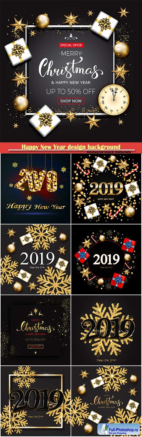 Happy new year design background with 2019, vector shining gold snowflakes