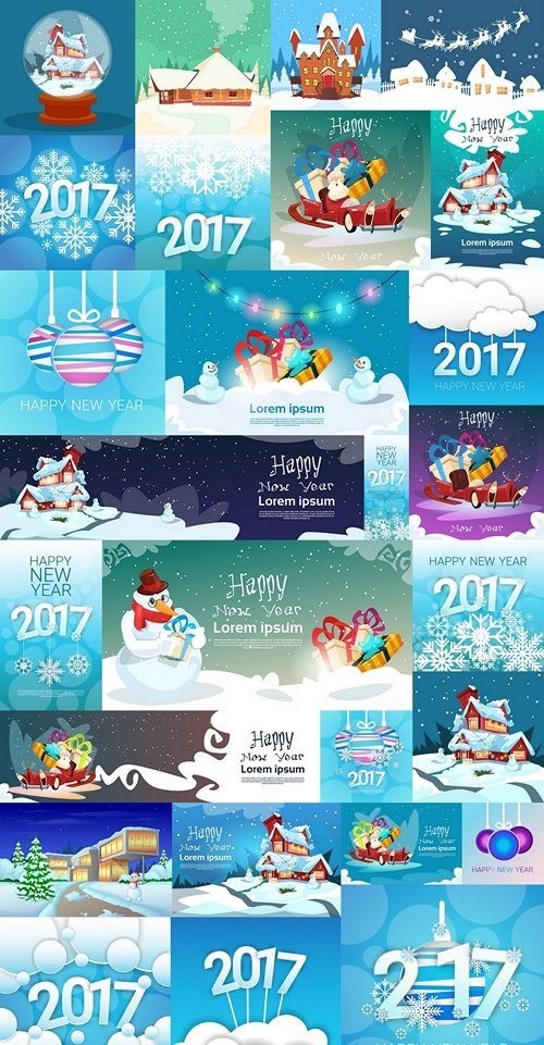 Merry Christmas New Year Banner Greeting Card Flat Vector Illustration 2