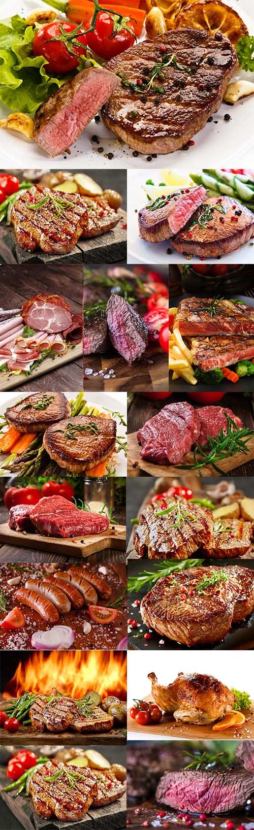 Grilled fillet steaks, grilled sausages and vegetables, tomato and onion