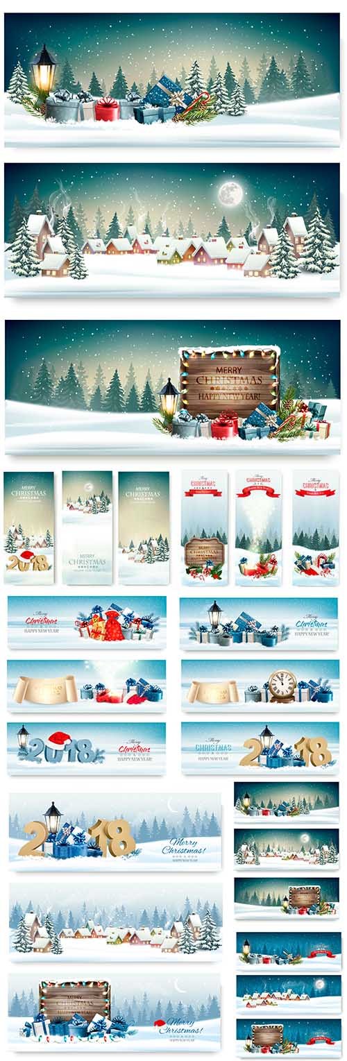 Vector Merry Christmas banners with branches of tree and presents