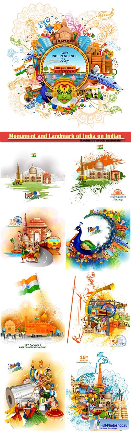 Monument and Landmark of India on Indian Independence Day celebration background