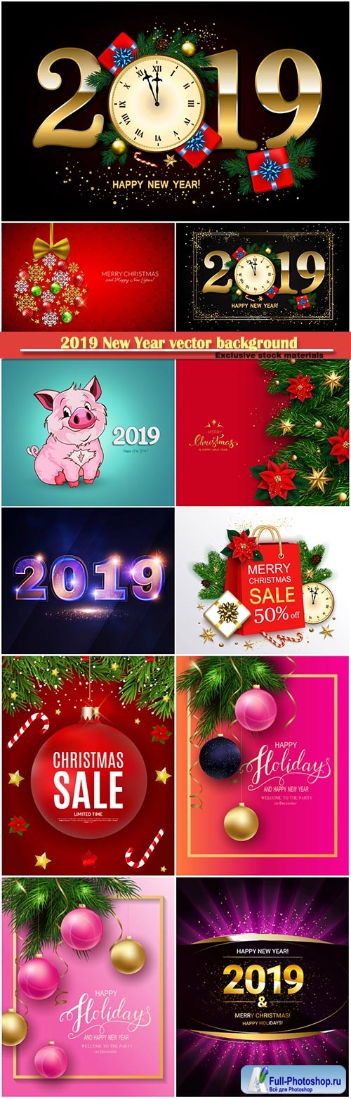 2019 New Year vector background with clock, gift box, candy cane, gold stars