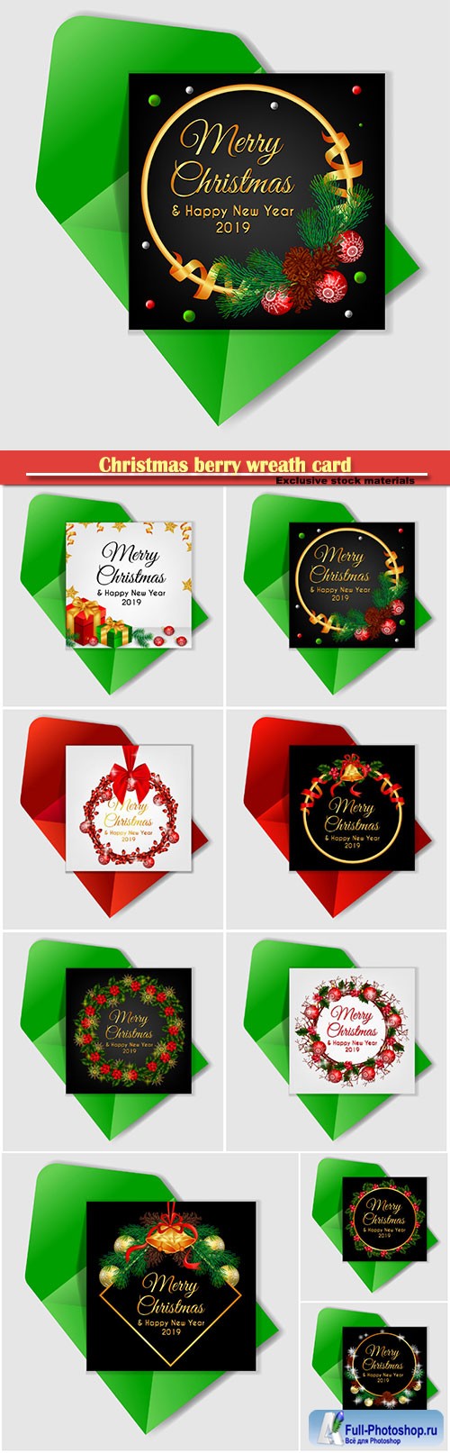 Christmas berry wreath card with jingle bell and red ribbon