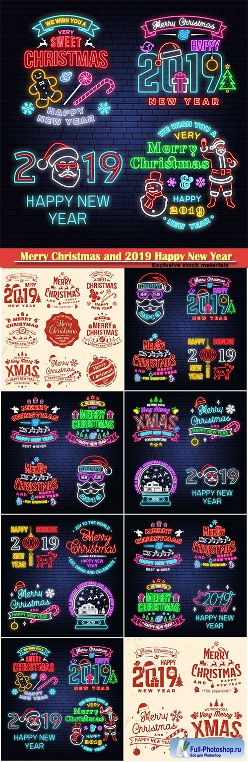 Merry Christmas and 2019 Happy New Year neon sign, sticker set