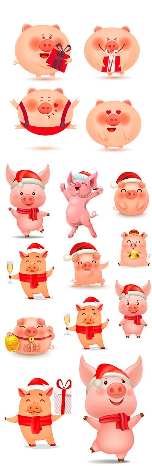 Christmas Piggy cheerful and ruddy cartoon character