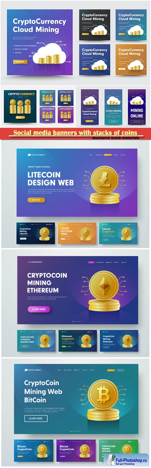 Social media banners with stacks of coins crypto currency Bitcoint, Ripple and Ethereum