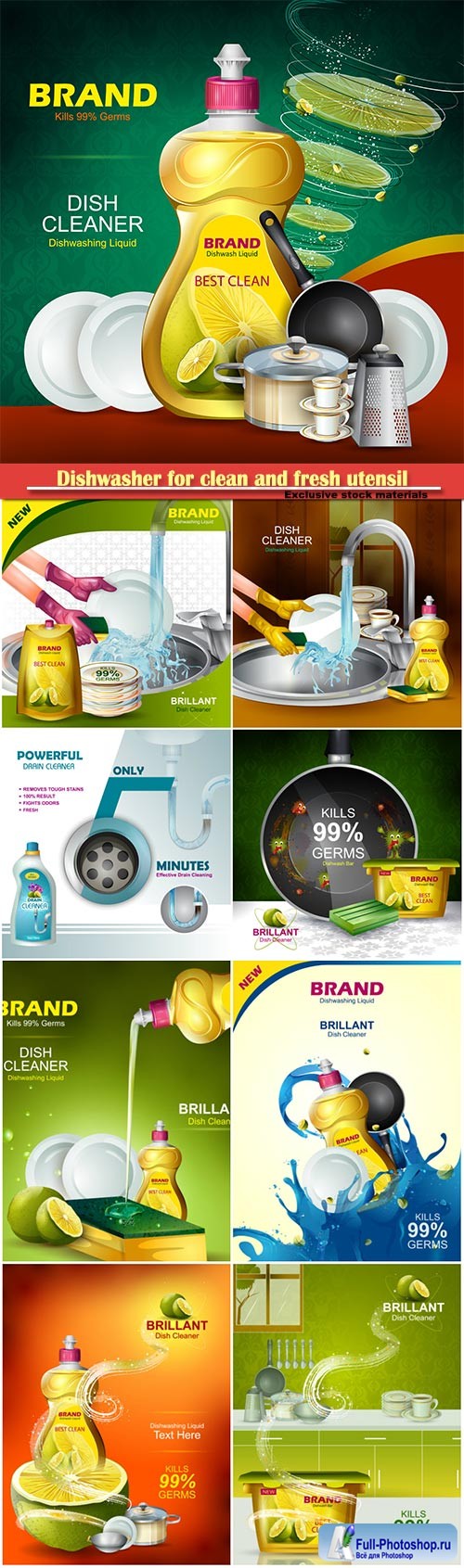 Advertisement banner of tough stain remover liquid, dishwasher for clean and fresh utensil