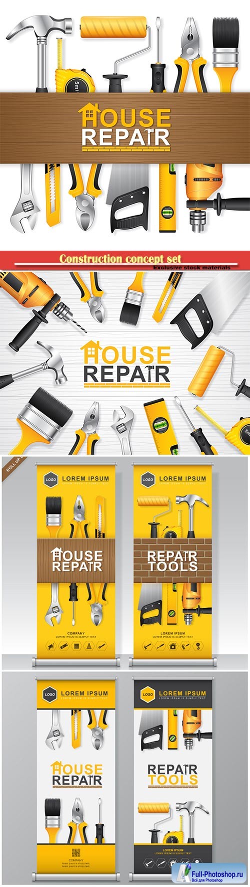 Construction concept set all of tools supplies for house repair builder
