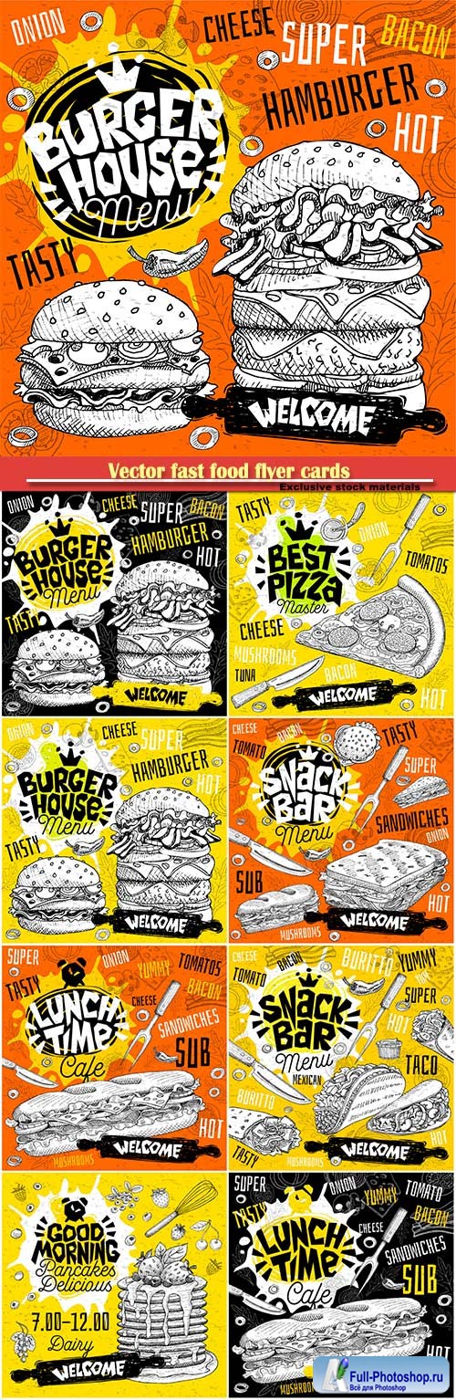 Vector fast food flyer cards for bar cafe restaurant menu