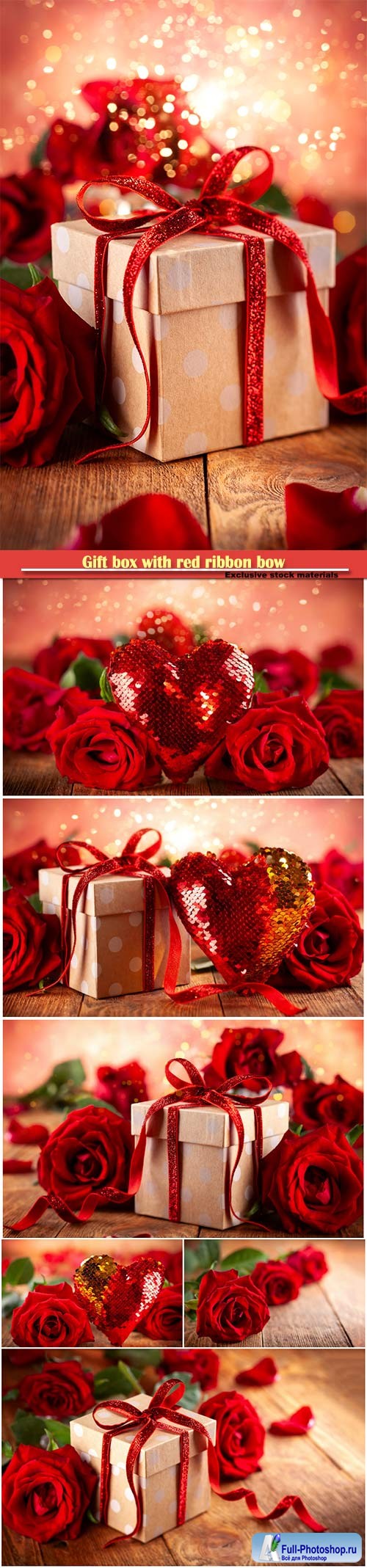 Gift box with red ribbon bow, heart and red roses