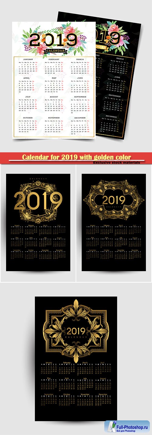 Calendar for 2019 with golden color on dark vector background