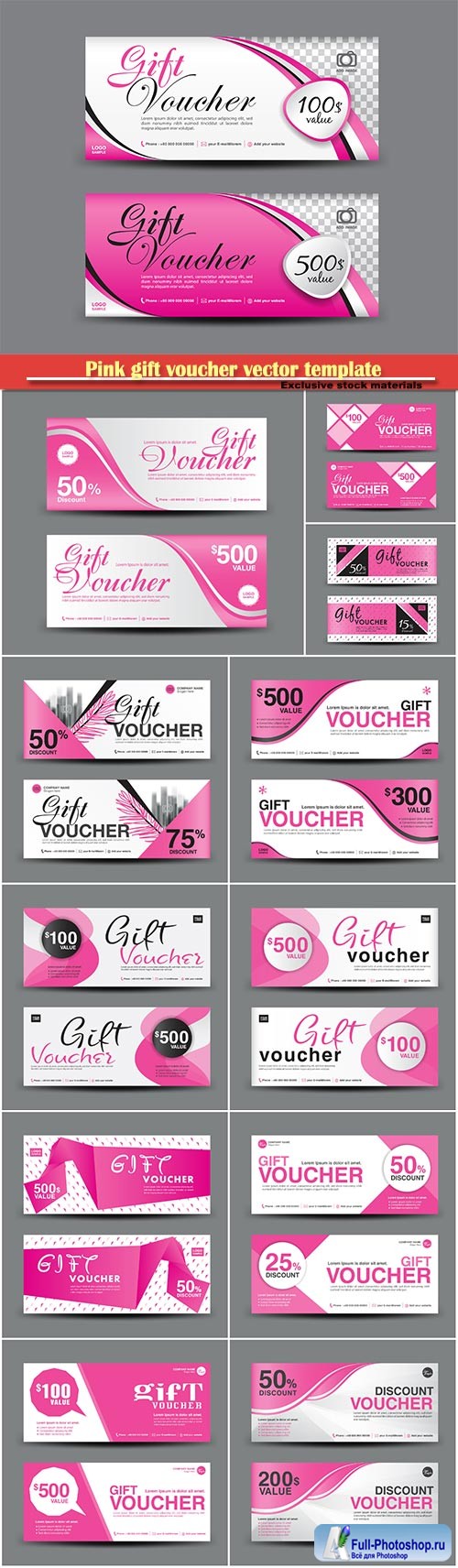 Pink gift voucher vector template, coupon design, certificate, Valentine's Day sale banner