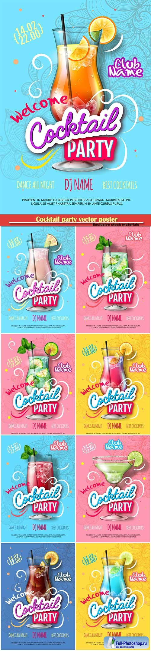 Cocktail party vector poster in modern style, Valentine's Day