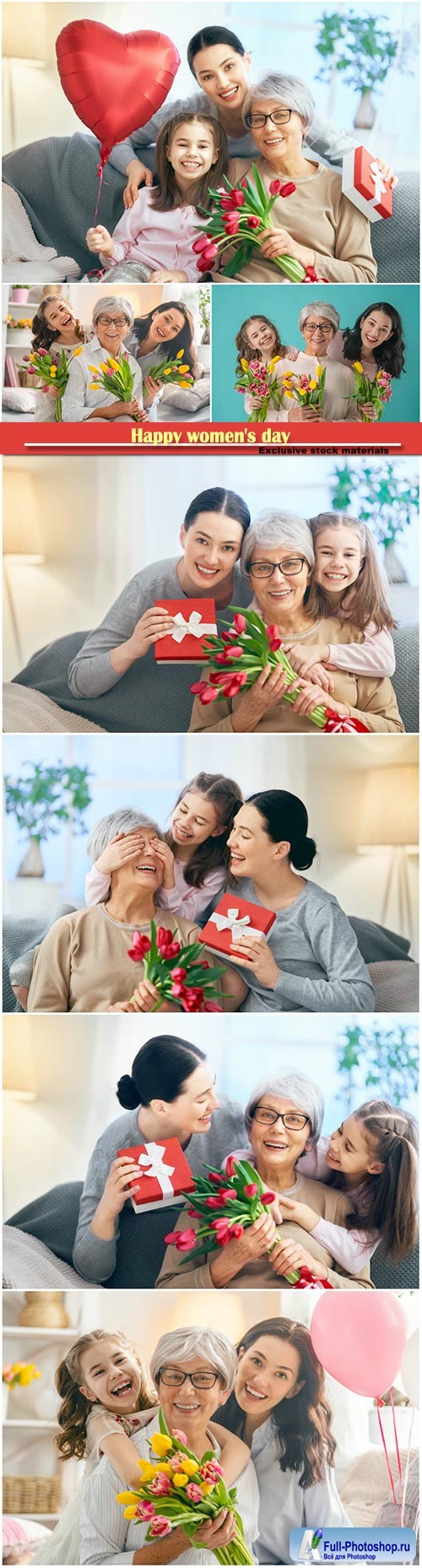 Happy women's day, grandma, mum and girl smiling and hugging