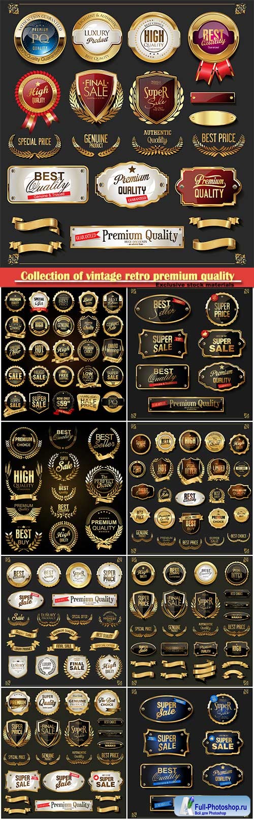 Collection of vintage retro premium quality golden badges and labels