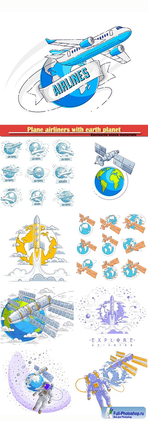 Plane airliners with earth planet and ribbon with typing, airlines air travel emblems or illustrations set