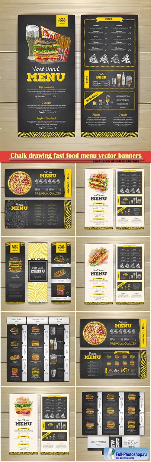 Chalk drawing fast food menu vector banners