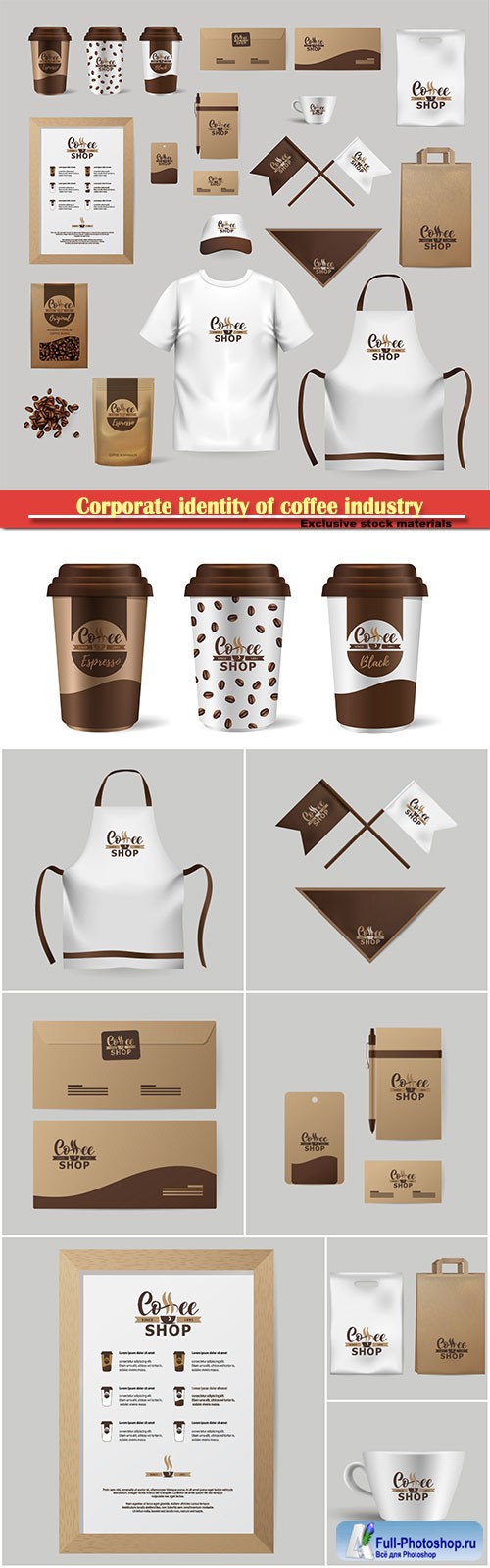 Corporate identity of coffee industry, realistic branding mock up template for cafe, coffee shop
