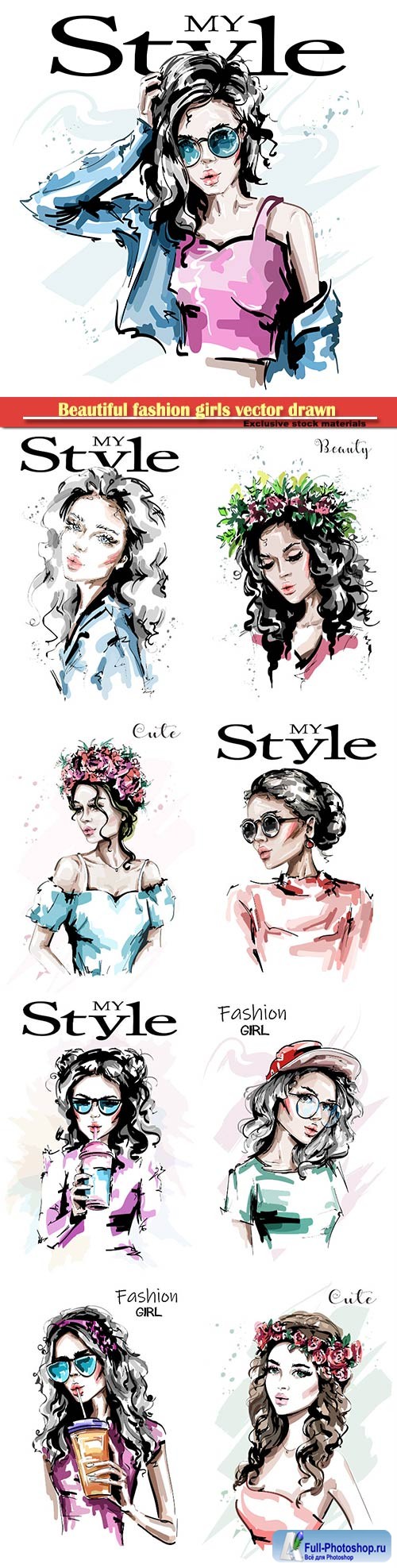 Beautiful fashion girls vector drawn illustrations