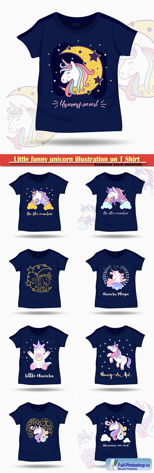 Little funny unicorn illustration on T Shirt kids template