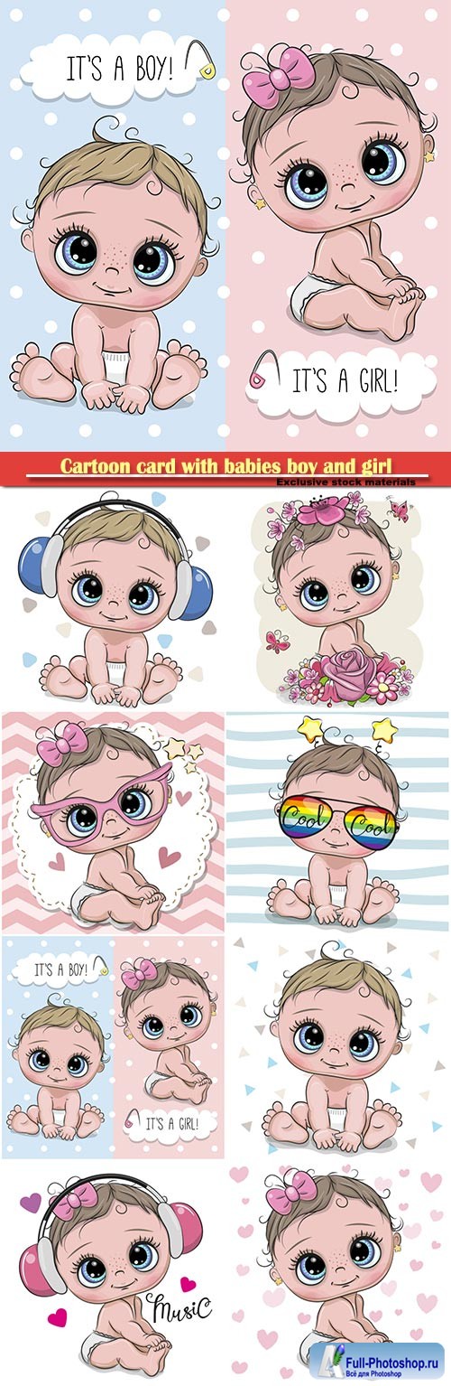 Cartoon card with babies boy and girl