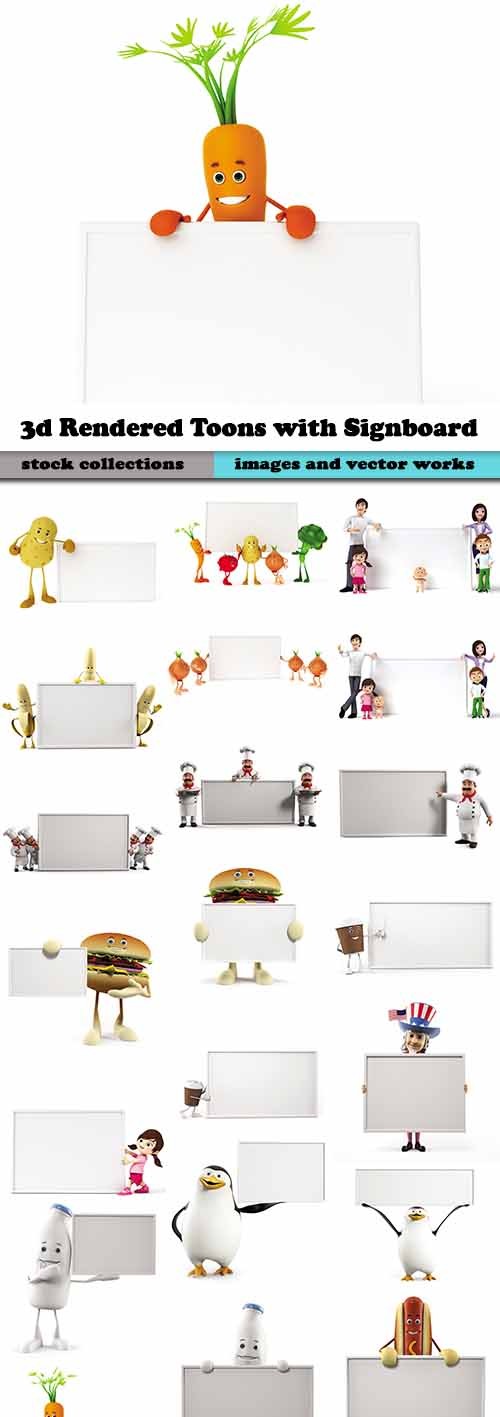 3d Rendered Toons with Signboard - Foods, People and Animals 25xJPGs