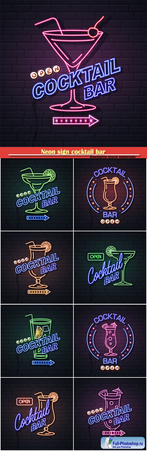 Neon sign cocktail bar on brick wall background