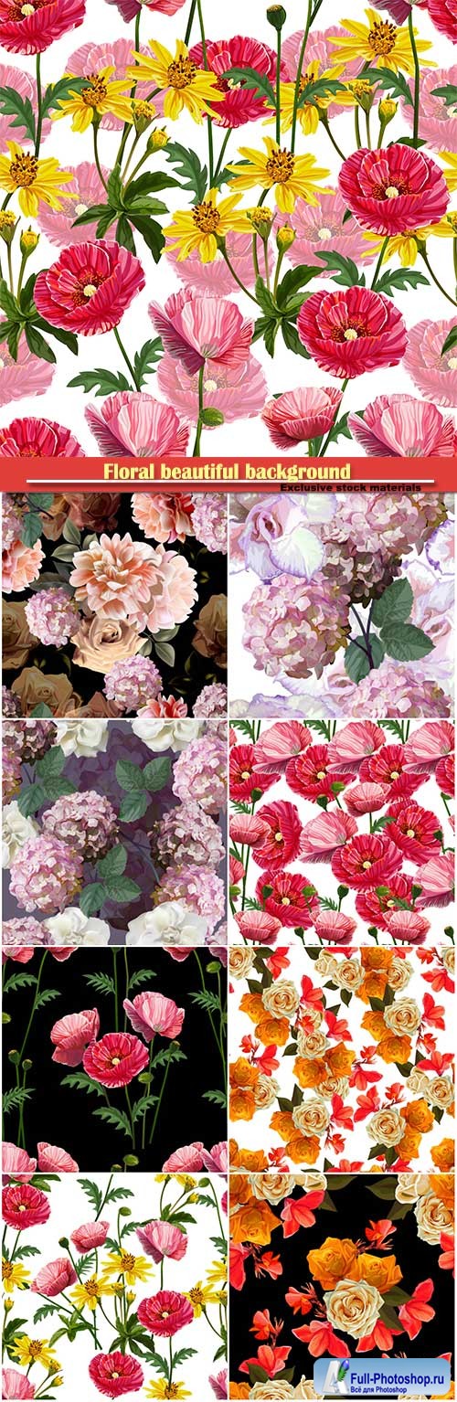 Floral beautiful background with rose, hydrangea, poppy and lilly vector illustration