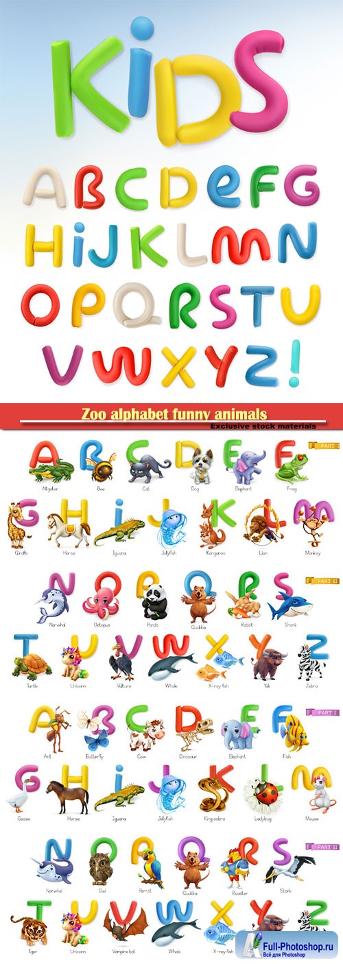 Zoo alphabet funny animals, 3d vector icons set
