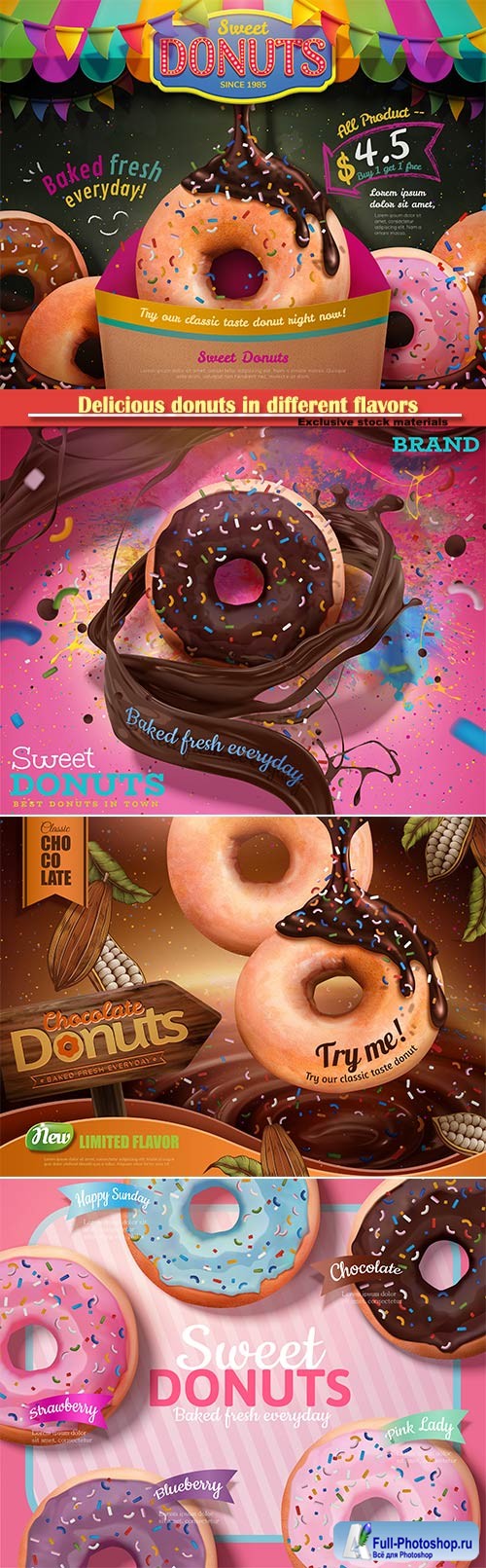 Delicious donuts in different flavors in 3d vector illustration