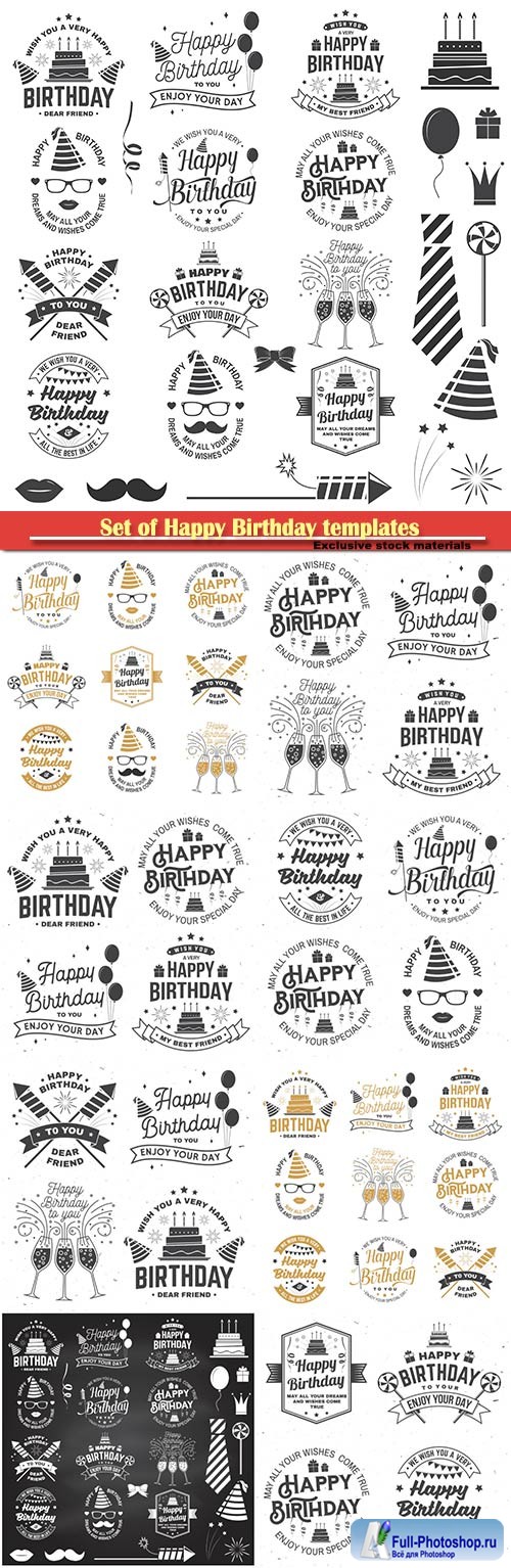 Set of Happy Birthday templates for overlay, badge, sticker