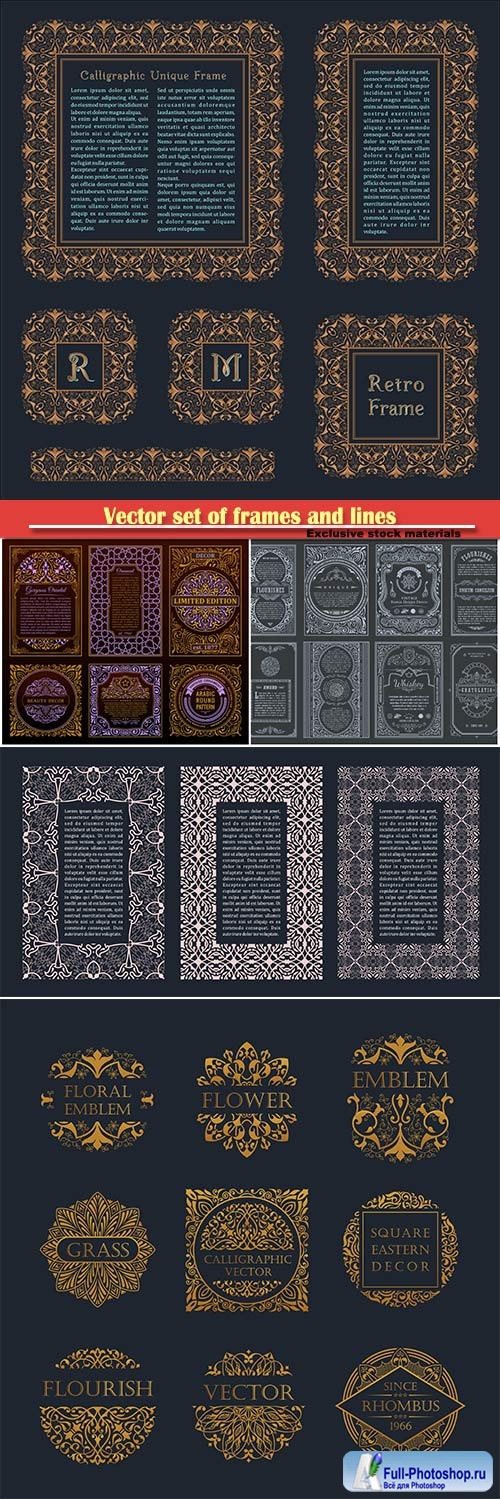 Vector set of frames and lines of art design template, emblems
