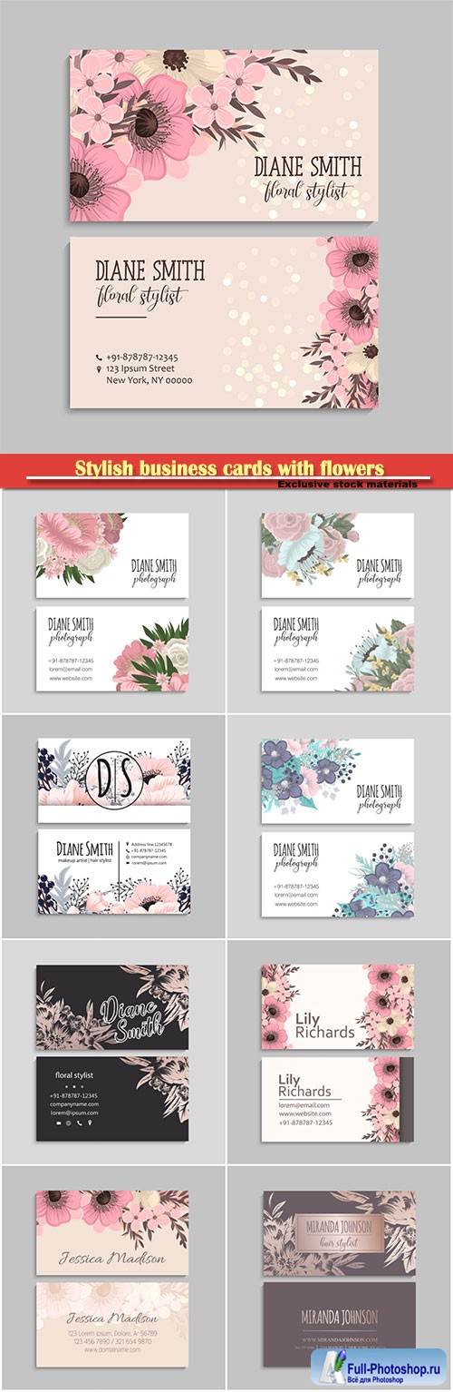 Stylish business cards with flowers in vector illustration