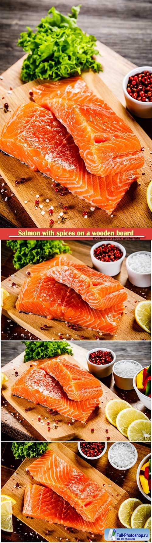 Salmon with spices on a wooden board