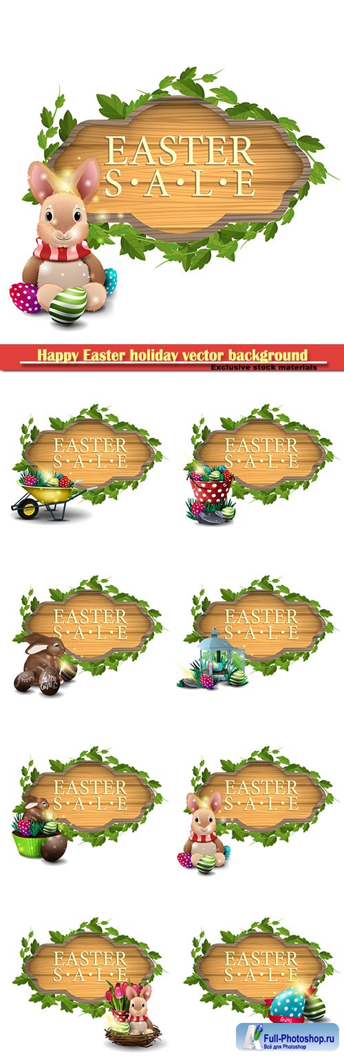 Easter sale vector modern banner in form of wooden board with easter eggs